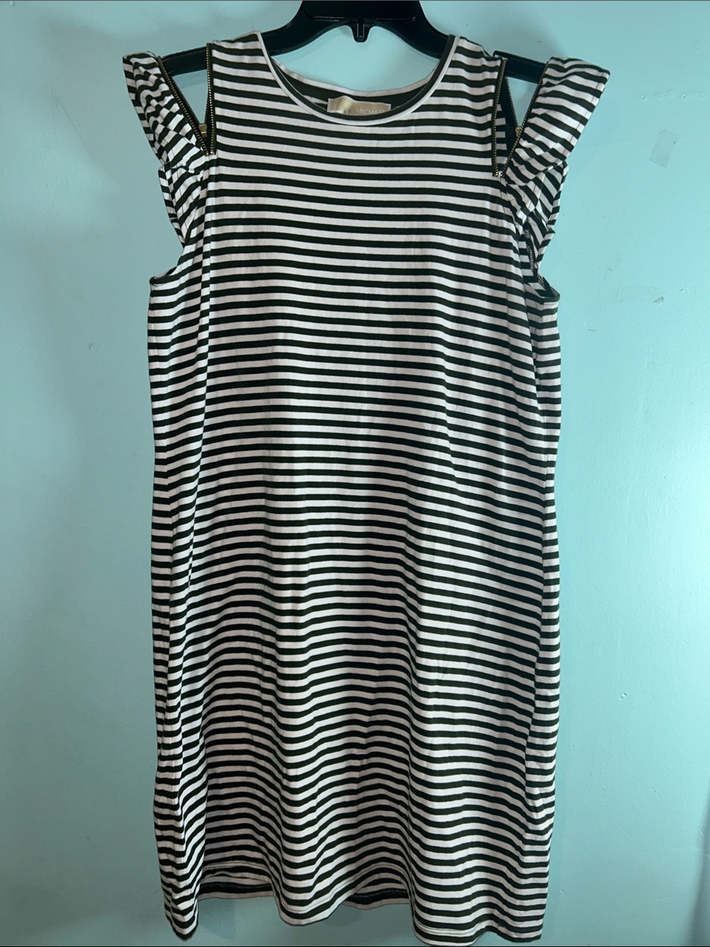 Michael Kors Black and White Striped Cold-Shoulder Dress